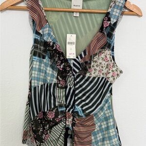 Maeve Patchwork Blouse in Blue, Black, and Pink